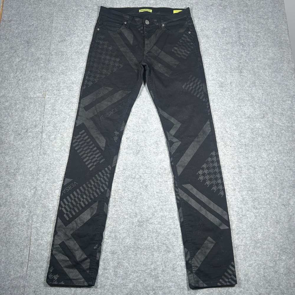 Vintage Versace Jeans Denim Mens 30 Black Y2K Slim Fit Houndstooth Print Italian